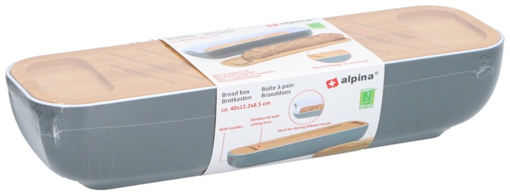 ALPINA Bread Box With Lid And Cutting Board- Grijs